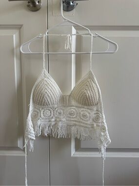 Crochet Fringe Halter Crop Top - White
